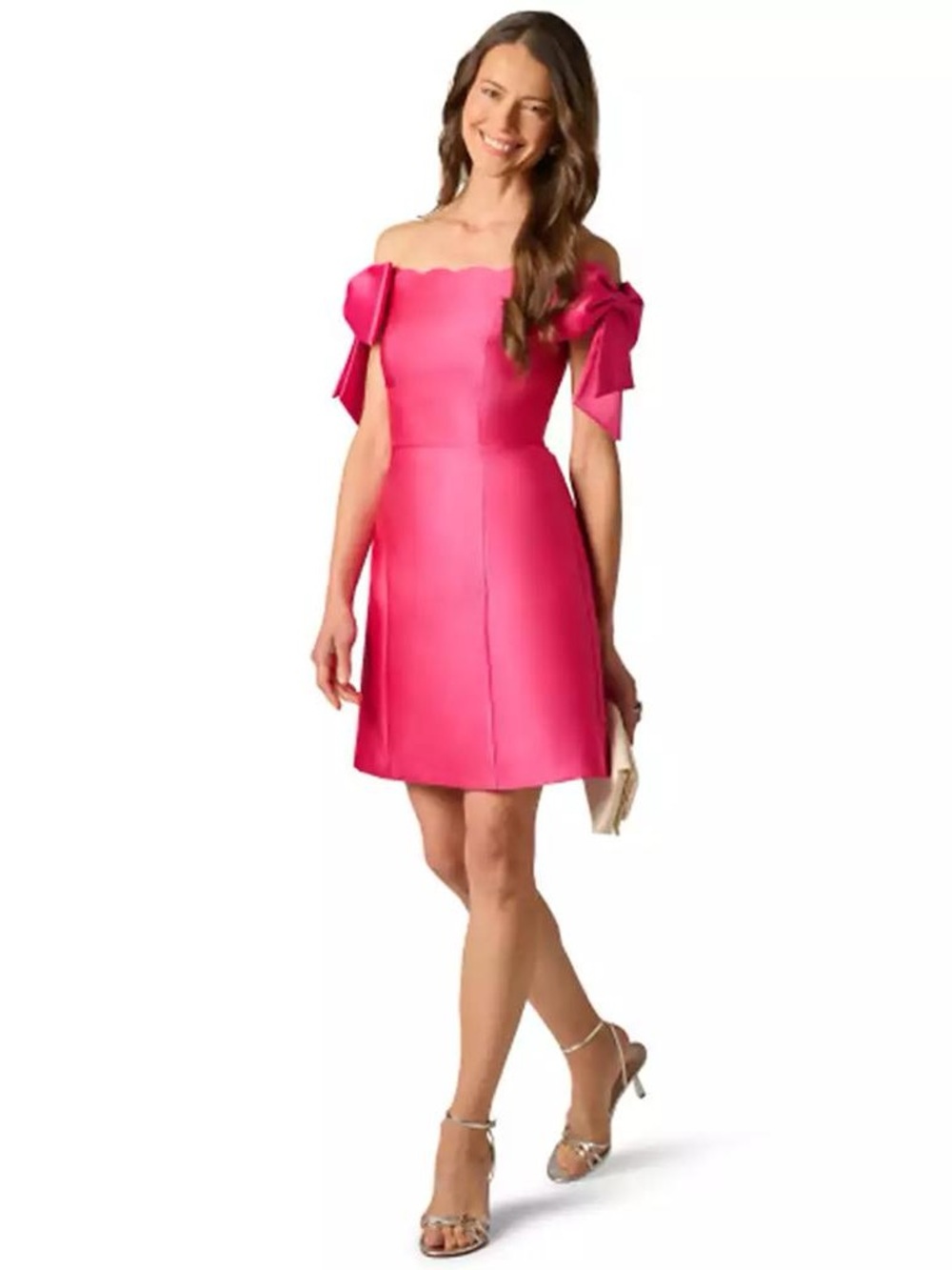 Adrianna Papell Hot Pink Off-Shoulder A-Line Mini with Bow Sleeves